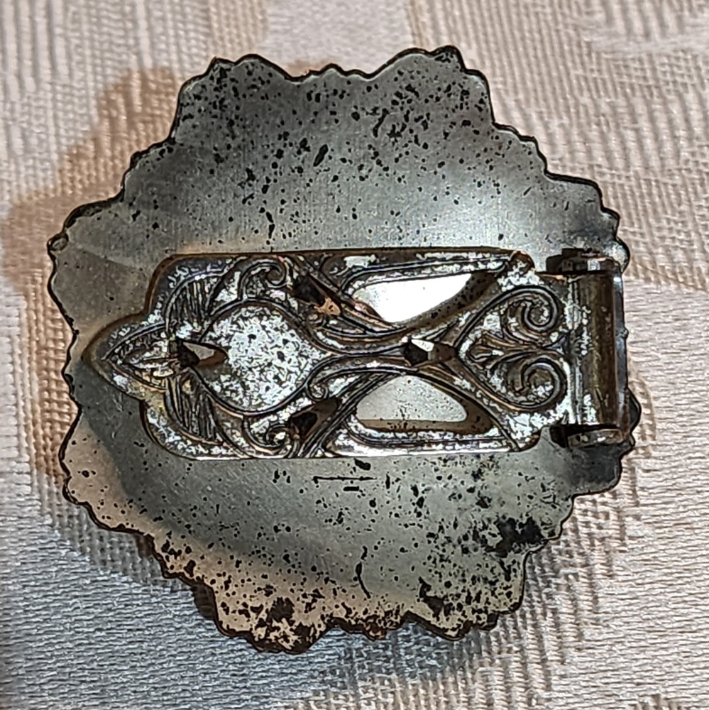 Rare 1930s Art Deco Dress Clip – Marbled Glass Cabochon & Marcasite – Filigree - Picture 4 of 6